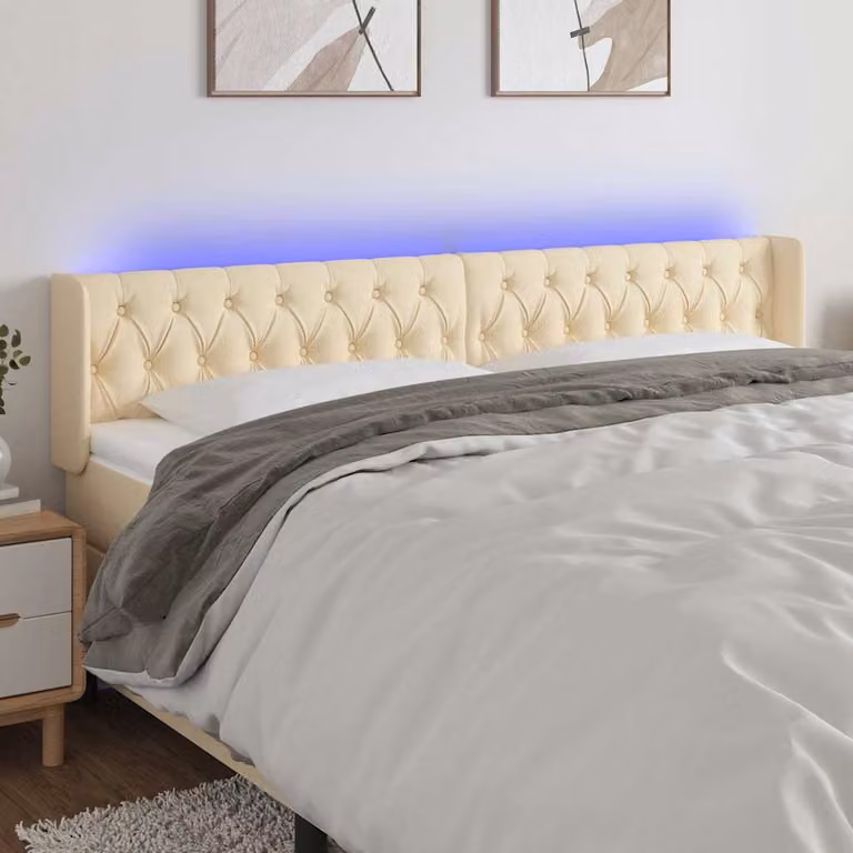 Testiera per letto vidaXL in tessuto beige con illuminazione LED e porta USB, L: 183 cm, P: 16 cm, H: 78-88 cm