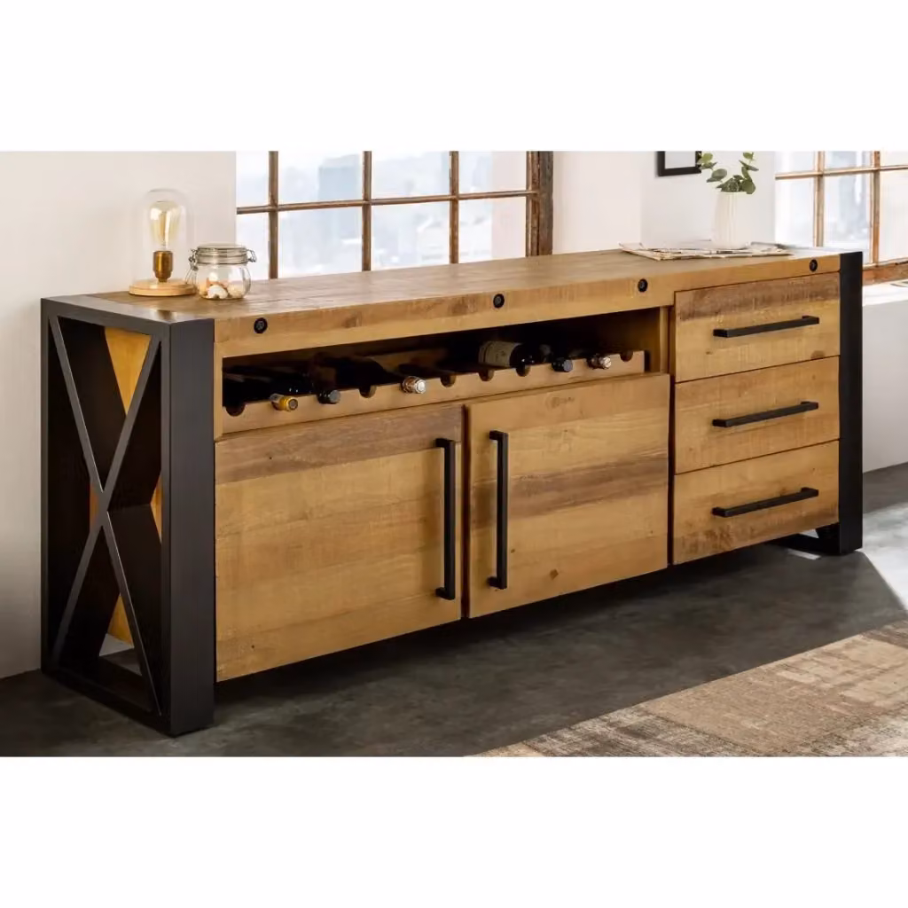 Buffet CAVARA Meublorama in pino massiccio marrone e metallo nero, stile industrial, con 2 porte, 3 cassetti e portabottiglie, Larghezza: 195 cm – 2