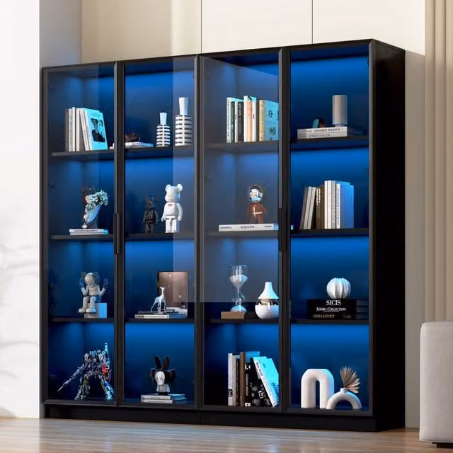 Vetrina moderna Mivray con ante in vetro, illuminazione integrata e ripiani interni, colore nero, L: 160 cm, P: 40 cm, H: 160 cm