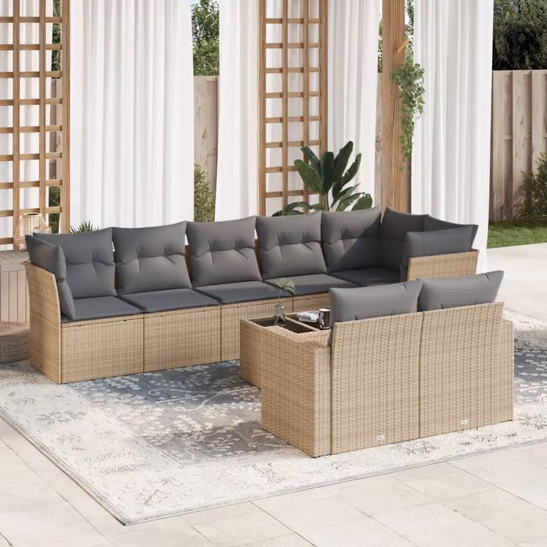vidaXL Set Divano da Giardino a L 9 pz con Tavolino in Vetro e Cuscini Beige e Grigio