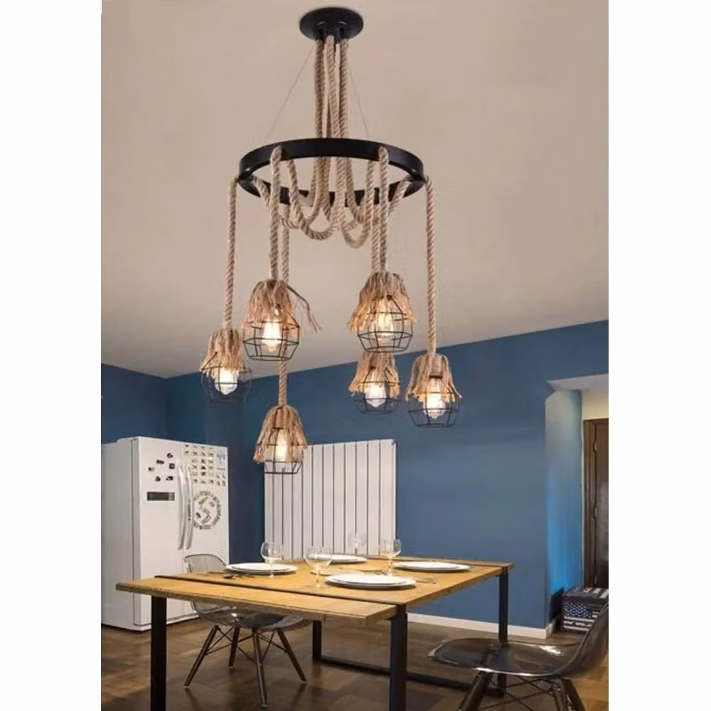 Lampadario a sospensione Trade Shop in stile vintage con cerchio in metallo e corde in canapa, attacco E27, colore nero e marrone, diametro: 90 cm – 2