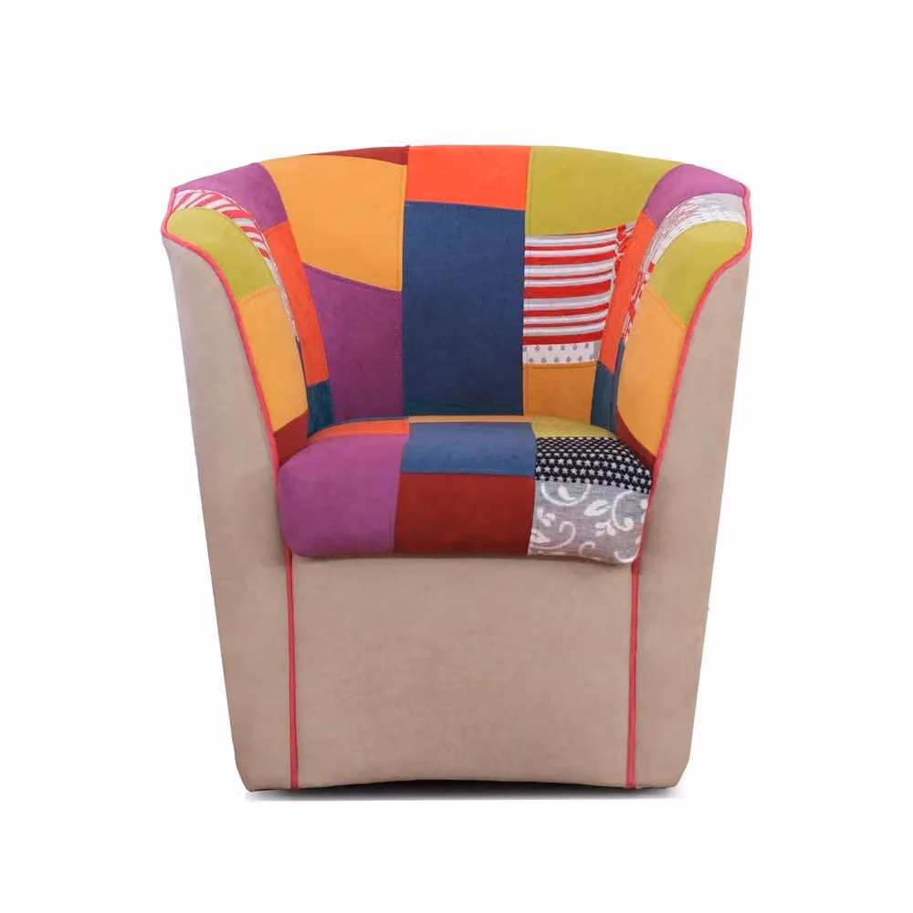 Poltrona Redokasa modello Tub in stile Boho con braccioli, tessuto multicolore beige con fantasia astratta e struttura in legno massiccio – 2