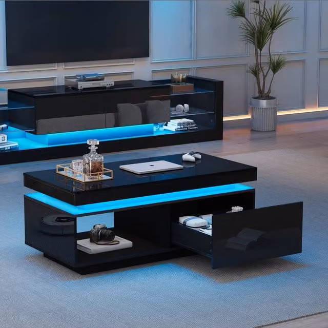 Set mobile TV e tavolino da salotto nero lucido con illuminazione LED