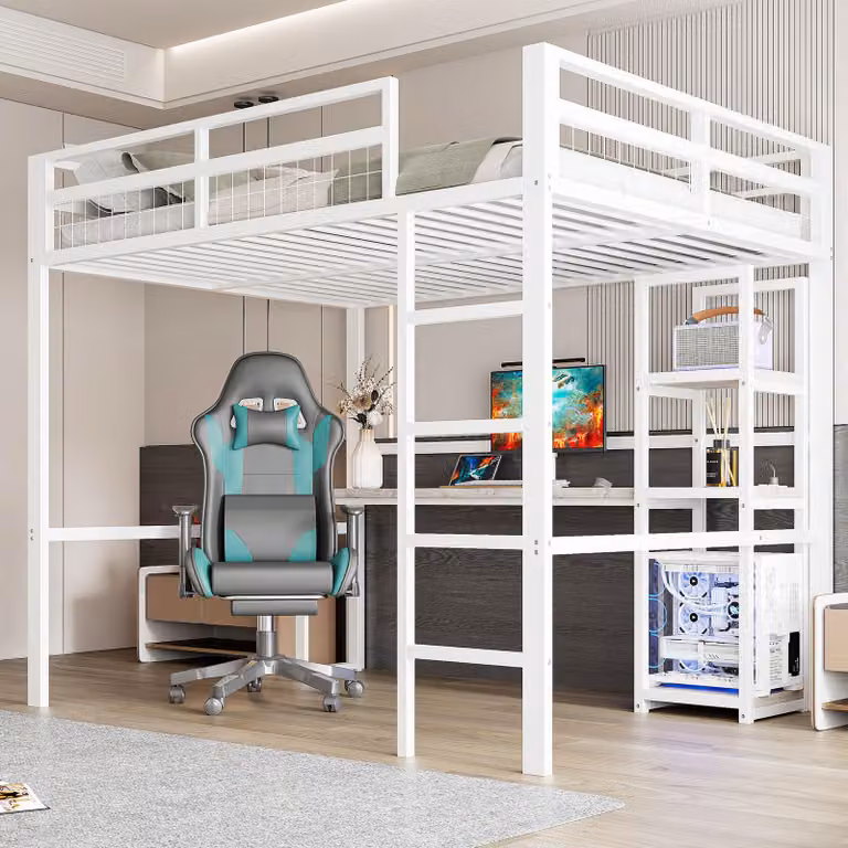 Letto a soppalco Sweiko, 140 x 200 cm, struttura in ferro, diversi ripiani, scrivania con presa, con usb type-c, ringhiera, scaletta, senza materasso, bianco