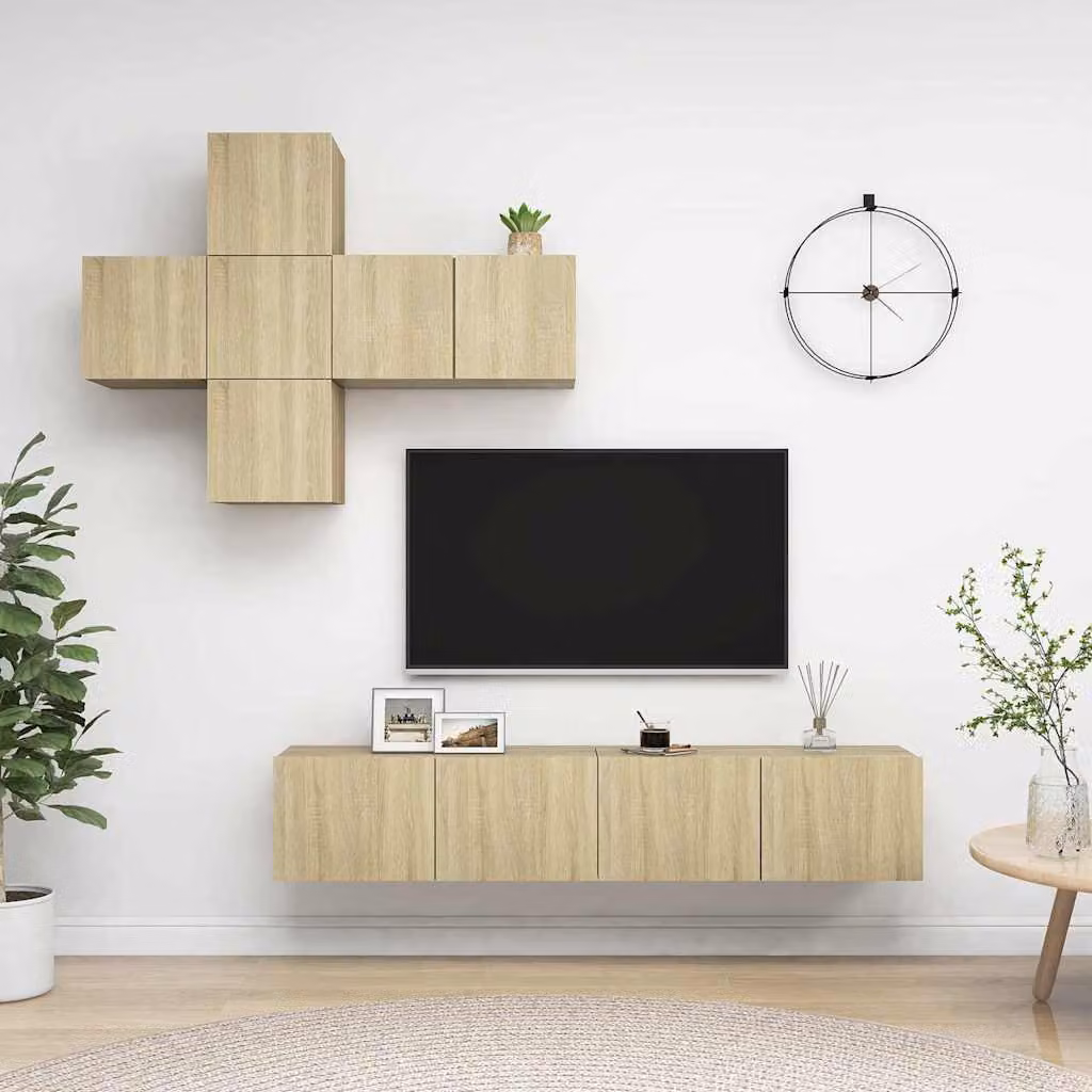 Set di mobili porta TV moderno vidaXL in 7 pezzi in legno multistrato e MDF color rovere sonoma beige e marrone