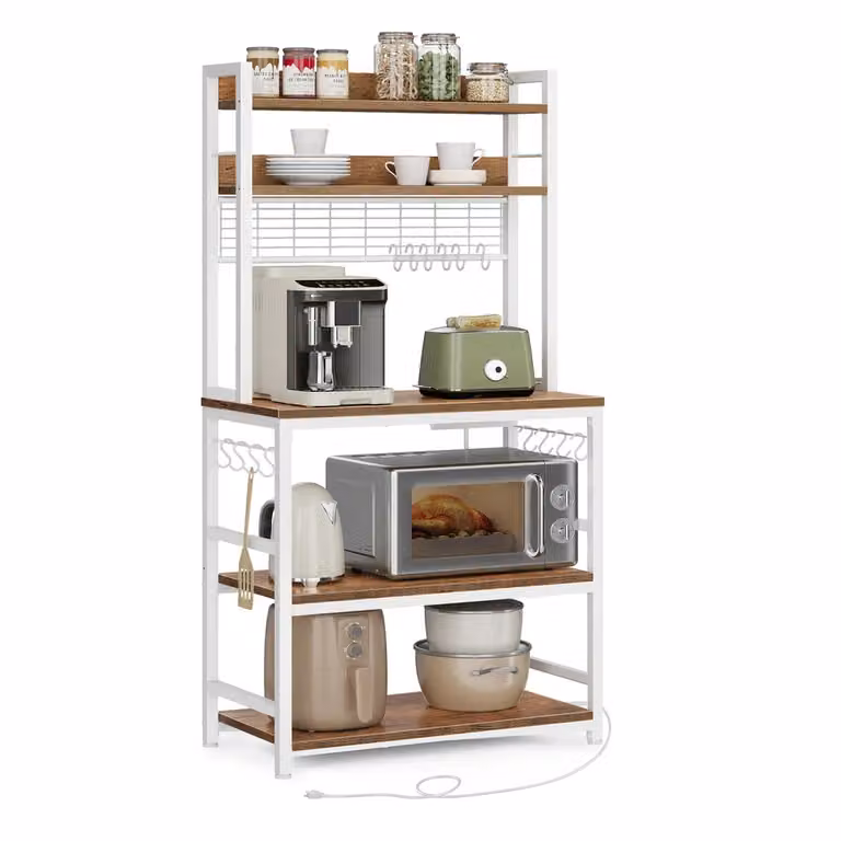 Scaffale Cucina con Multipresa Marrone Vintage e Nero, Noce Medio + Bianco / 40 x 80 x 170 cm