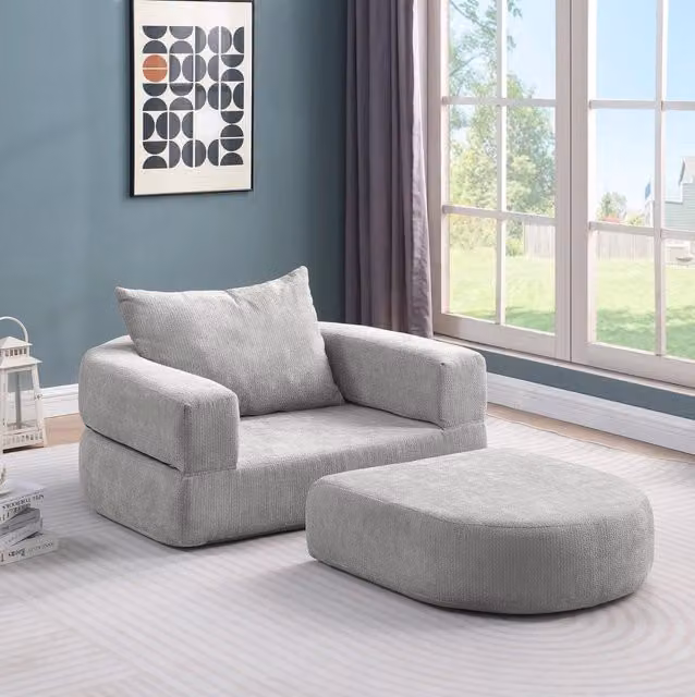 Divano componibile ULEVR modulare in ciniglia grigio chiaro, configurabile per soggiorno e camera da letto