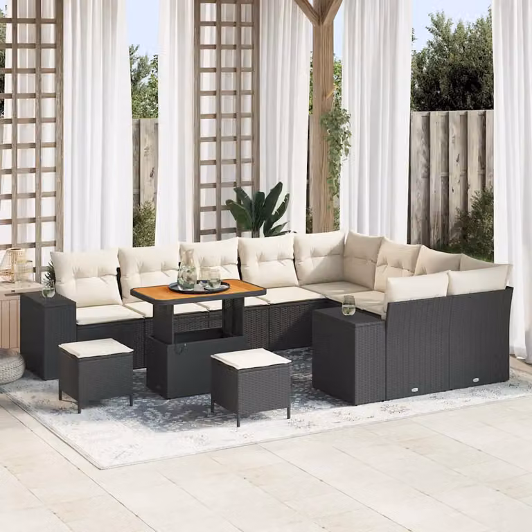 Set Divano da Giardino vidaXL 12 Pezzi a Forma di L con Cuscini e Tavolino, Nero e Beige, Design Moderno Resistente alle Intemperie