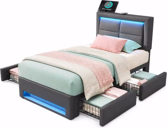 Letto singolo imbottito 90x200 cm con LED; 4 cassetti e ricarica USB; in PU grigio