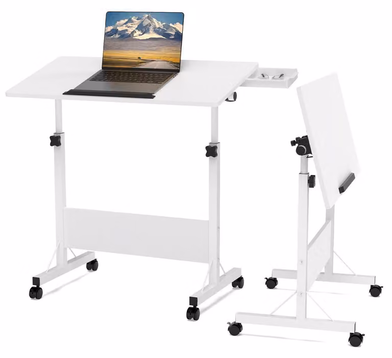 Tavolo per laptop con rotelle, pieghevole, regolabile in altezza da 64 a 89 cm, girevole a 360°, dimensioni 80x40 cm, colore bianco