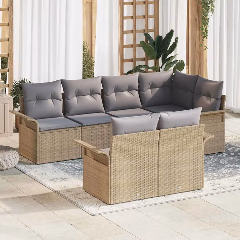 Set Divano da Giardino vidaXL 7 Pezzi a Forma di L con Tavolino in Vetro e Cuscini Beige