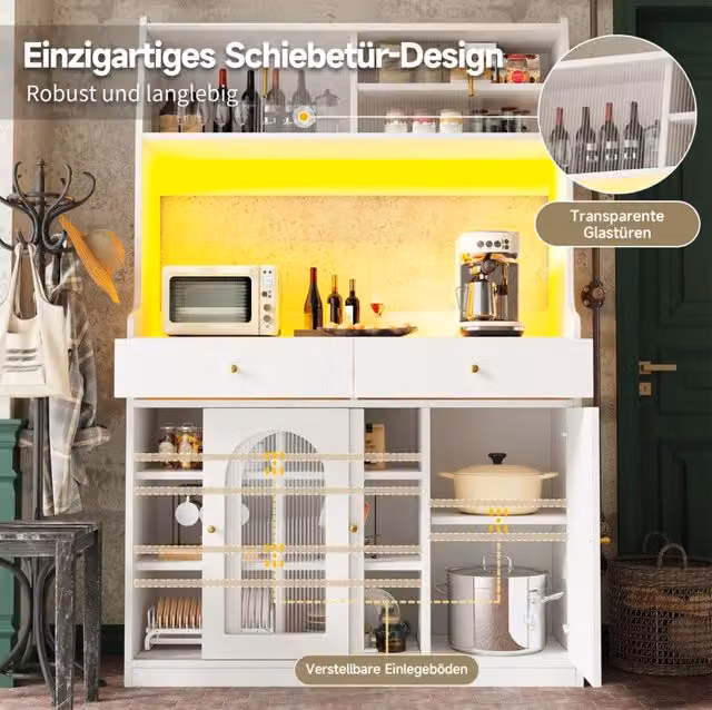 Buffet bianco con illuminazione LED regolabile, 120x40x180 cm, con ripiani regolabili e 2 cassetti