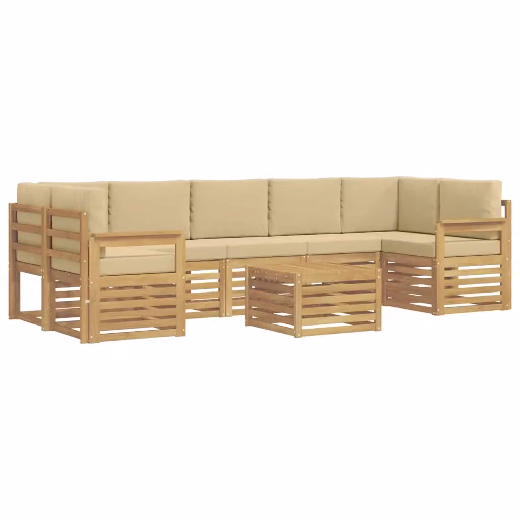 Set di divani da esterno a L con tavolino vidaXL in legno di acacia, colore bianco e beige, composto da 8 pezzi con cuscini inclusi – 2