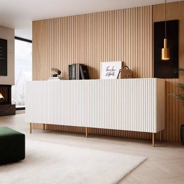 Credenza Londa, Madia da salotto con quattro ante battenti, Rialzato da terra, 200x42 h82 cm, Bianco