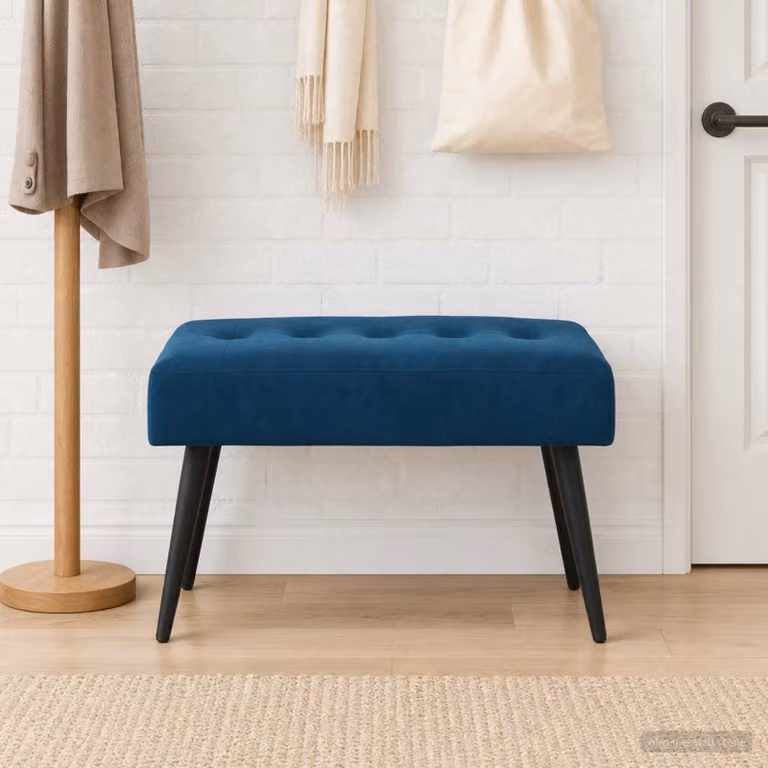 Panchina moderna vidaXL in velluto blu con struttura in metallo e MDF, L: 110 cm, P: 40 cm, H: 45 cm