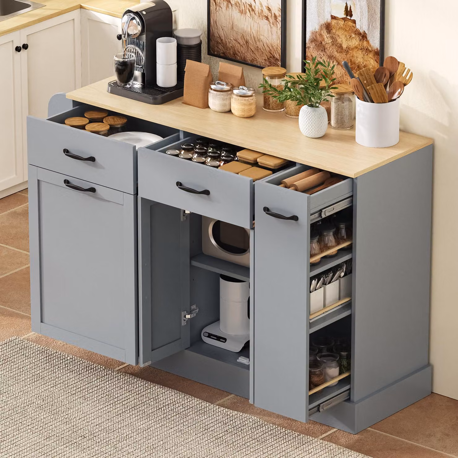 MODFU: Armadio/Comodino da cucina con ripiani aperti, spazio contenitivo con cassetti e vano per il cestino della spazzatura, ampio spazio di archiviazione, colore grigio