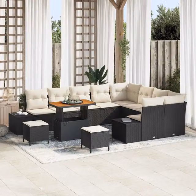 Set Divano da Giardino Moderno vidaXL a Forma a U con 11 Posti, Colore Nero, con Tavolino, Ottoman e Cuscini Inclusi