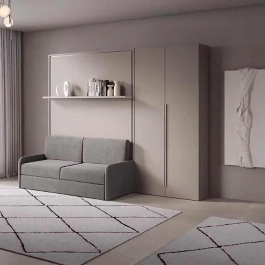 Letto matrimoniale a scomparsa Versia Itamoby con divano, mensola e armadio a destra con 2 ante, colore argilla, L/P/H: 160 x 200 cm – 2