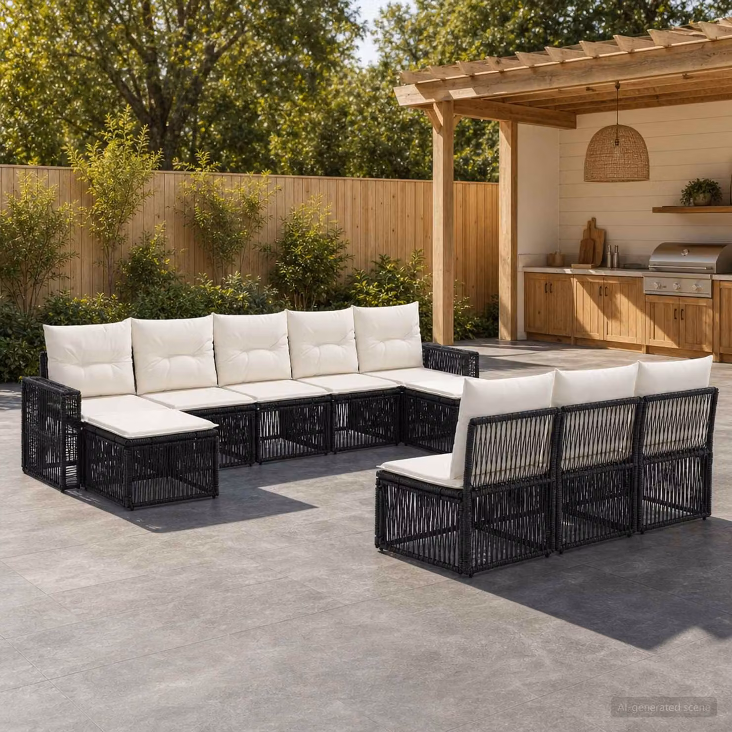 Set Divano da Giardino vidaXL 10 Pezzi a Forma di U in Polyrattan Nero e Bianco Crema con Cuscini Imbottiti e Struttura in Acciaio Verniciato a Polvere
