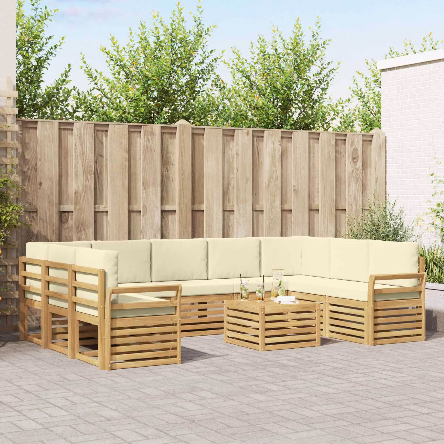 vidaXL Set di divani da esterno componibile a L con tavolo da caffè, 10 pezzi, Bianco e Beige, in legno di acacia e poliestere resistente ai raggi UV