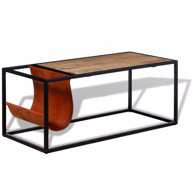 Tavolino da Salotto in Vera Pelle con Portariviste 110x50x45 cm