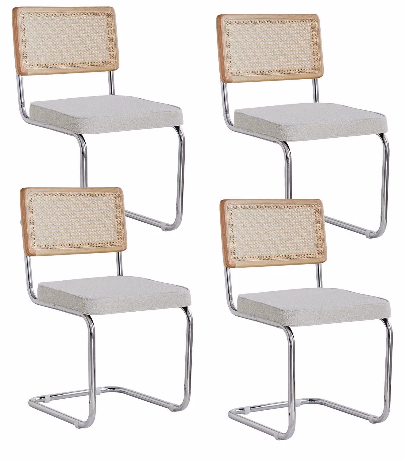 Set di 4 sedie da pranzo - Materiale plastico con effetto rattan - Struttura in metallo - Seduta imbottita - Design moderno - Dimensioni: 84x47,5x44 cm - Colore: bianco, superficie strutturata