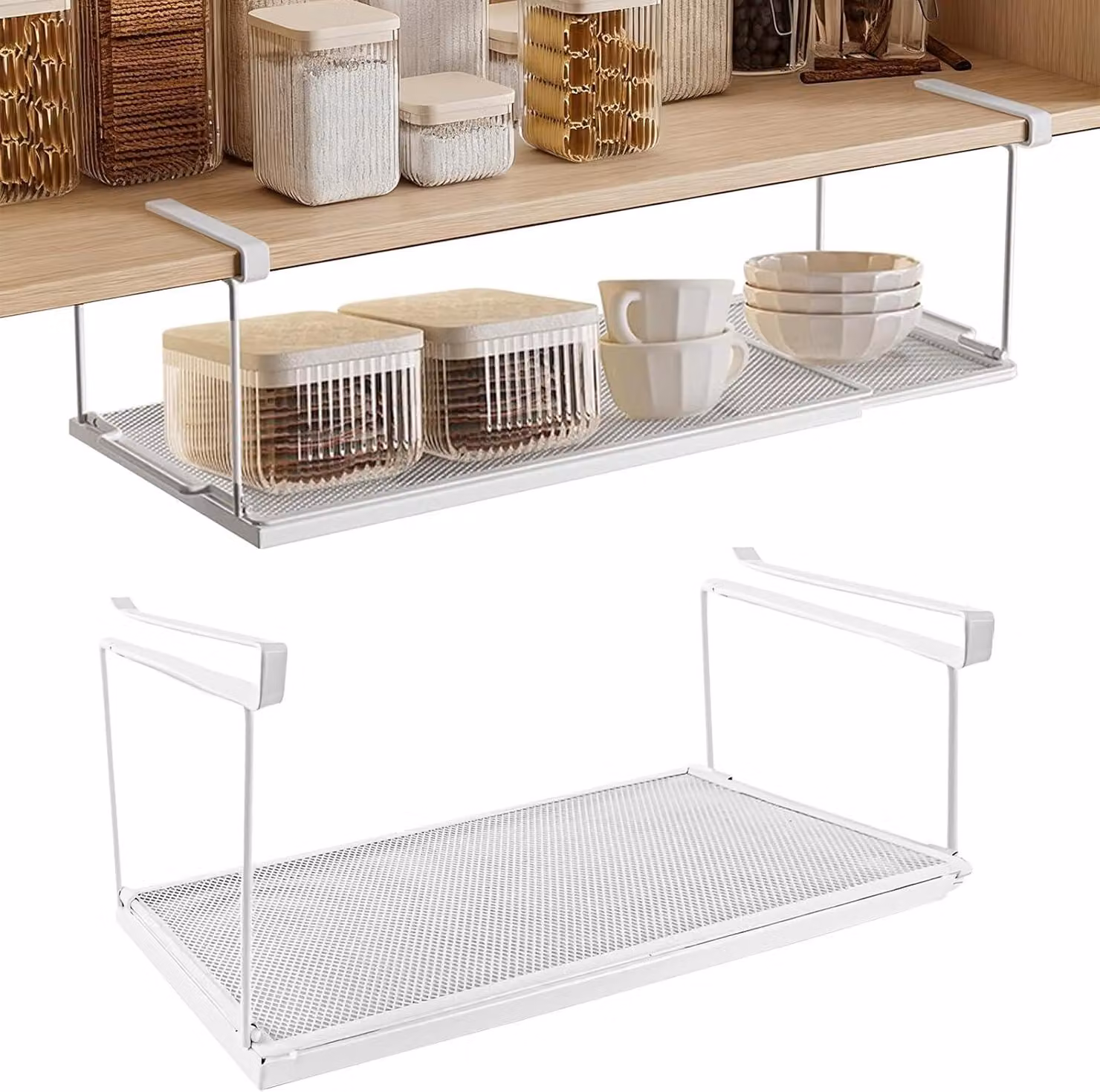 Cesto sospeso, estensibile e regolabile da 38 a 70 cm, in metallo, ideale per cucina e ufficio