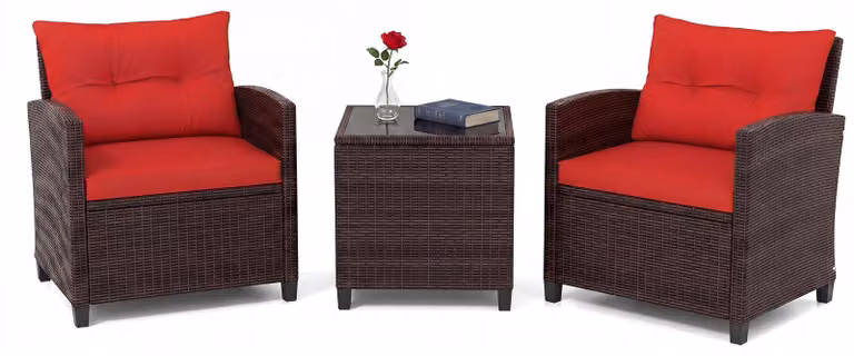Set di mobili da giardino in rattan KOMFOTTEU, set di mobili da lounge per esterni con 2 poltrone, 1 tavolino, cuscini per seduta e schienale, mobili per balconi piccoli, mobili da lounge per giardino, mobili per terrazza per 2 persone