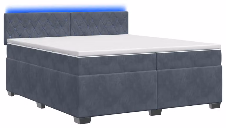 Letto con boxspring, materasso e illuminazione LED, colore grigio scuro, dimensioni 200 x 200 cm, rivestito in velluto