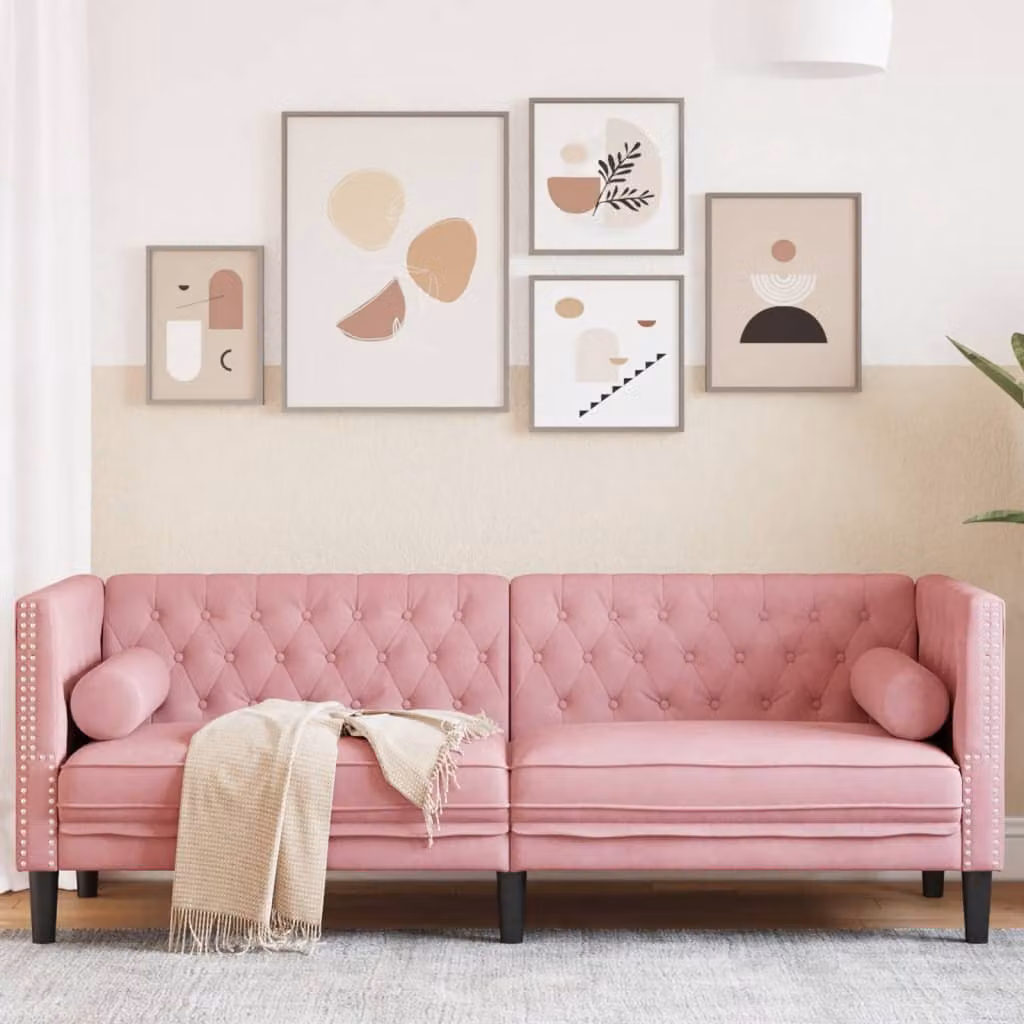 vidaXL Divano Chesterfield a 3 Posti in Velluto Rosa con Cuscini, L: 194 cm, P: 74,5 cm, H: 70,5 cm