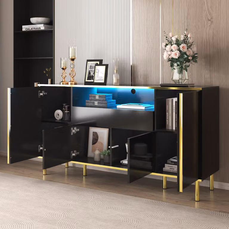 okwish Mobiletto da cucina complementare ad alta lucentezza, cassettiera con illuminazione a LED e 1 cassetto, mobiletto buffet multiuso, nero