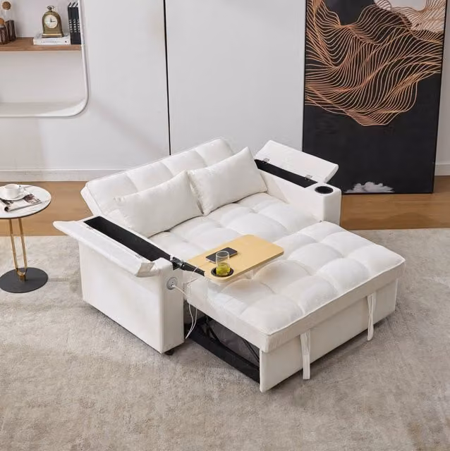 Divano letto 3 in 1 140;5 x 74 cm beige reclinabile con USB e tavolino nascosto HOMVRA