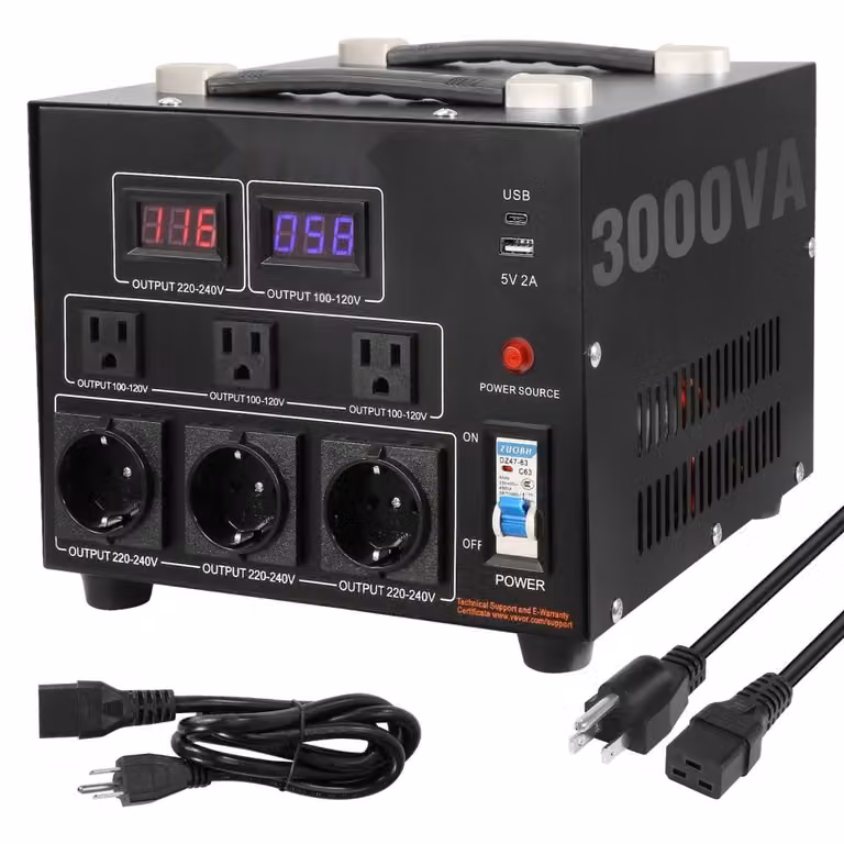 Trasformatore di tensione AC 110V⇋220V - 3000W - Con 3 prese di uscita NEMA 5-15R USA - 3 pin - 3 prese di uscita Schuko europee - Incl. 1 presa USB e 1 presa di tipo C