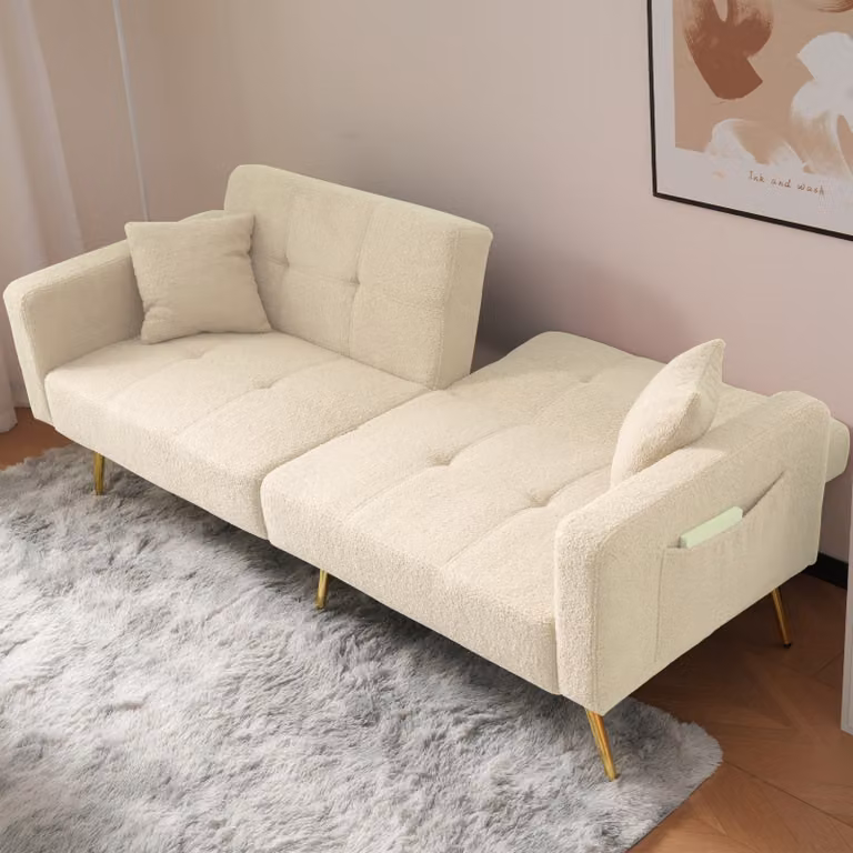 okwish divano letto pieghevole Daybed con funzione di letto, letto per ospiti, divano con ampia superficie di appoggio, divano imbottito con cuscini e tasche laterali portaoggetti, beige