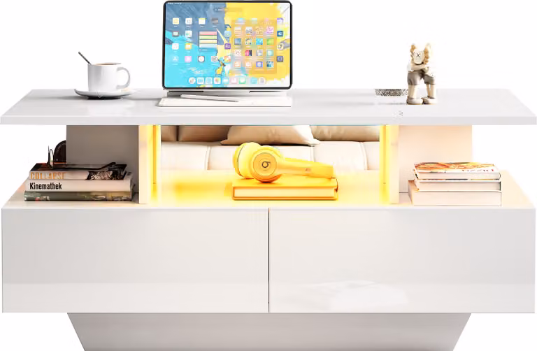 Tavolino lucido con illuminazione a LED e 2 cassetti; elegante tavolino da salotto da 90x55x41 cm con vano portaoggetti