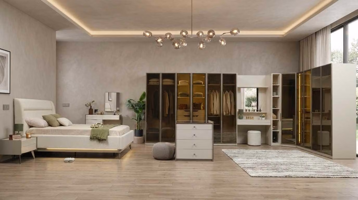 Set per camera da letto beige, moderno e composto da letto, comò da trucco e armadio