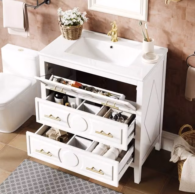 Mobile da bagno bianco 81x46,5 cm con lavabo in ceramica e 3 cassetti con chiusura ammortizzata, stile retrò con maniglie in metallo