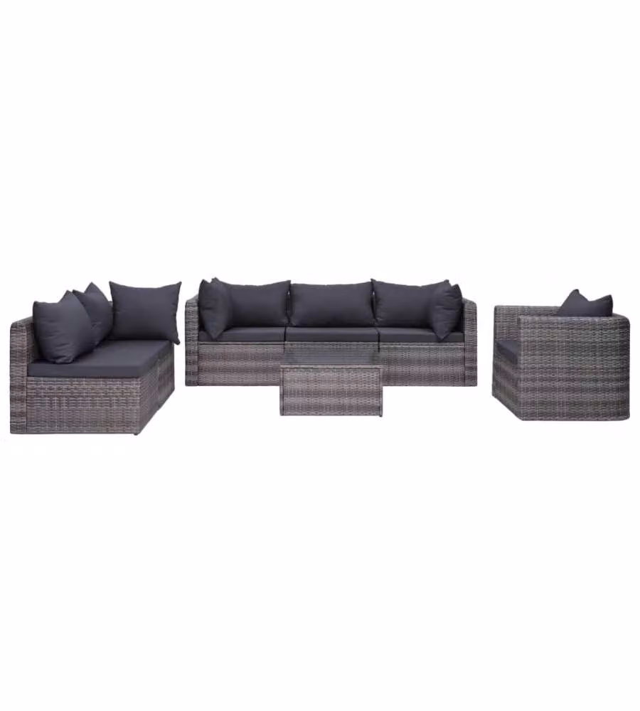 Set di Divani da Giardino vidaXL in Polyrattan Grigio con Cuscini, Composizione a L con Tavolino e 7 Pezzi