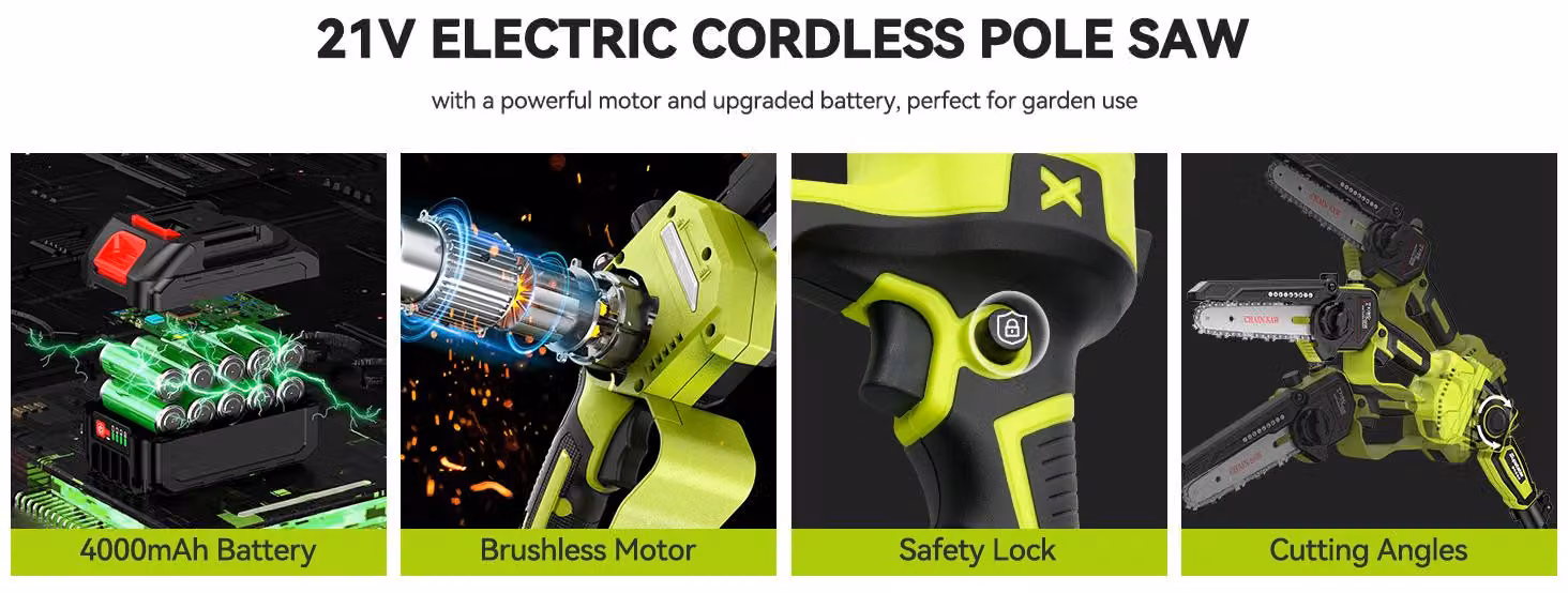 Troncatrice a batteria - Motosega elettrica - Lame da 15,24 cm - Prolunga fino a 4,57 m - 2 batterie da 4 Ah - Per potatura degli alberi
