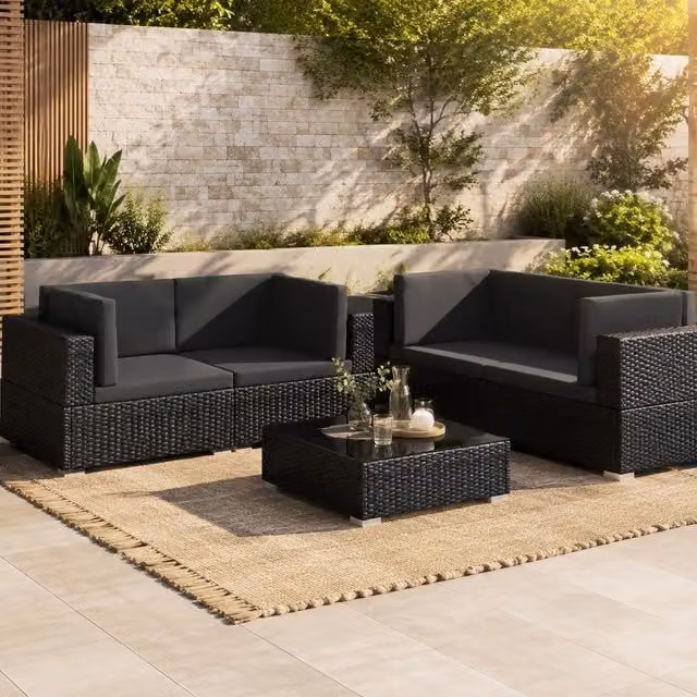Corner Sofas, Set Of 2, With Cushions, Poly Rattan, Black
