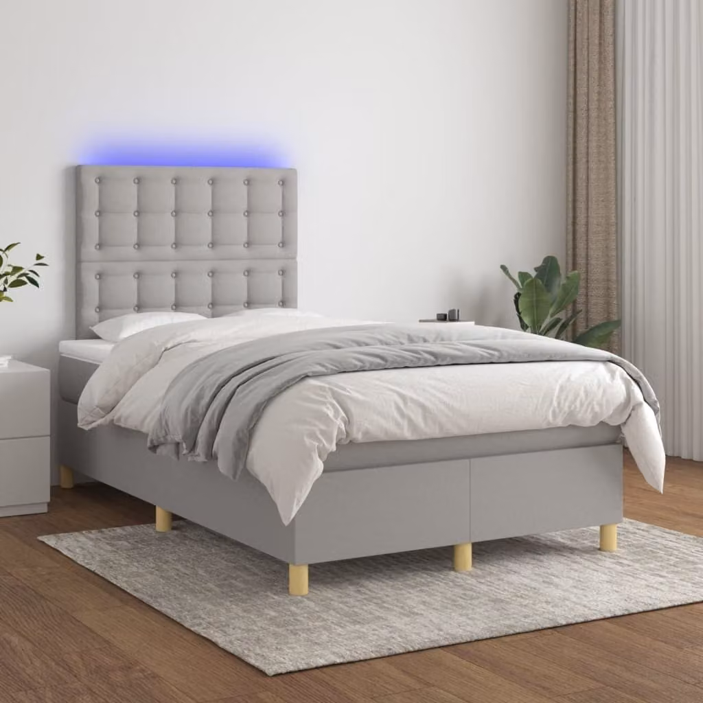 The Living Store Letto a molle con materasso e LED in tessuto grigio chiaro 120x200 cm