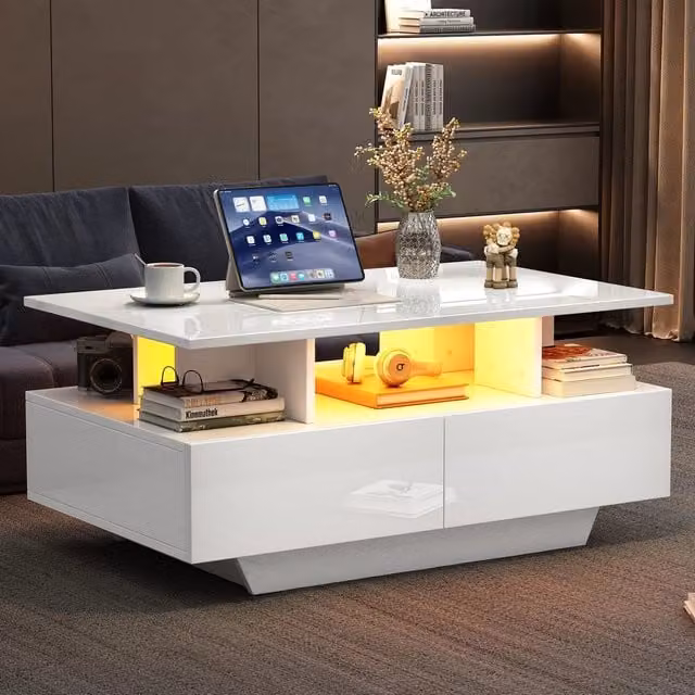 Tavolino da caffè MINIMAL con LED e 2 cassetti, finitura lucida bianca, L 90 cm x P 55 cm x H 41 cm