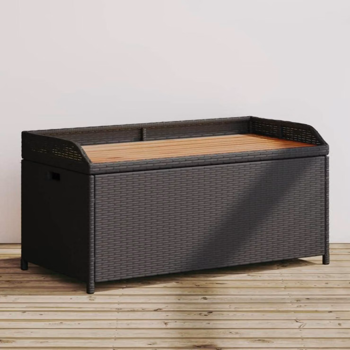 Panca da giardino con spazio contenitore, colore nero, dimensioni 100x50x52 cm, realizzata in rattan sintetico e legno di acacia