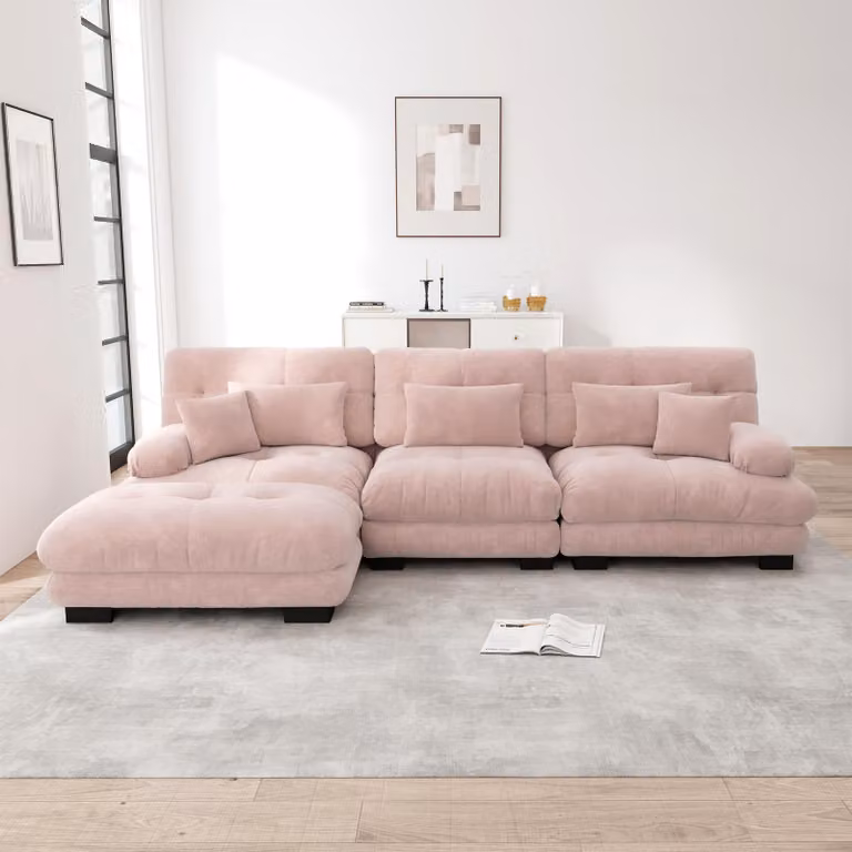 Divano angolare modulare Sweiko - Divano a forma di L sovradimensionato per il soggiorno, divano letto profondo con poggiapiedi, velluto a coste, ciniglia rosa