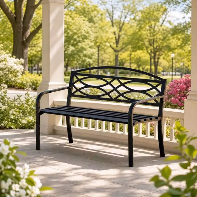 Panca da giardino Mivray in acciaio verniciato nero con schienale e braccioli per 2-3 persone L: 127,5 cm, P: 59,5 cm, H: 83 cm