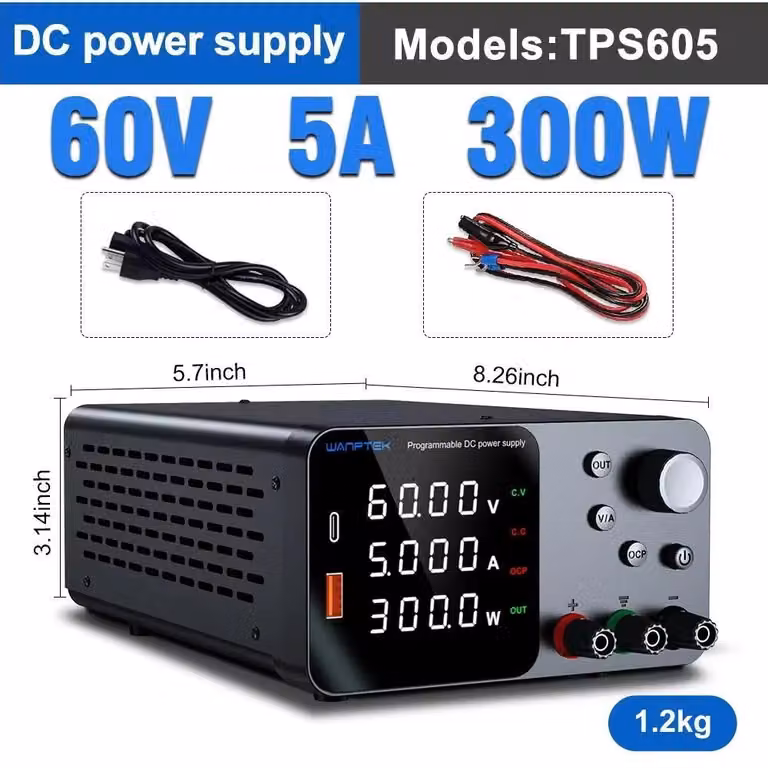 Alimentatore da laboratorio DC - TPS 60V 5A 300W - Alimentatore per laboratorio - Tensione e corrente regolabili - Uscita singola - USB-A/USB-C - Protezione da sovracorrente (OCP) - Spina EU da 220V