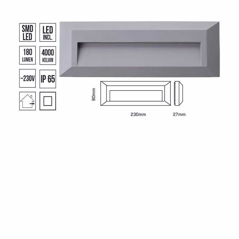 Lampada da parete a LED RADIX, 3W, 4000K, IP65, grigio, L: 230, B: 27, H: 80, Attacco: LED SMD