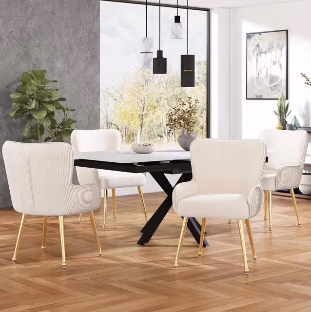 Set di 4 sedie imbottite in velluto con braccioli e piedi regolabili; beige e oro