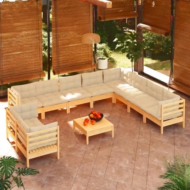 Set di Divani da Giardino vidaXL in Legno di Pino con Cuscini Beige 11 Pezzi – 1