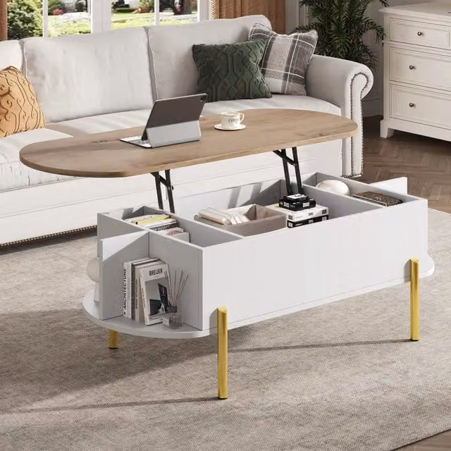 Tavolino da Salotto 120x50x43 cm con Piano Regolabile in Altezza e 7 Ripiani Nascosti, Legno Colore+ Bianco